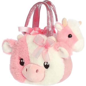 Aurora® Fashionable Fancy Pals™ Fuzzy Face™ Strawberry Cow Stuffed Animal – Mini Plush with Stylish Purse for Dress Up Fun – Perfect for Kids 3+ Years, Costumes, and Birthdays – Pink 8 Inches