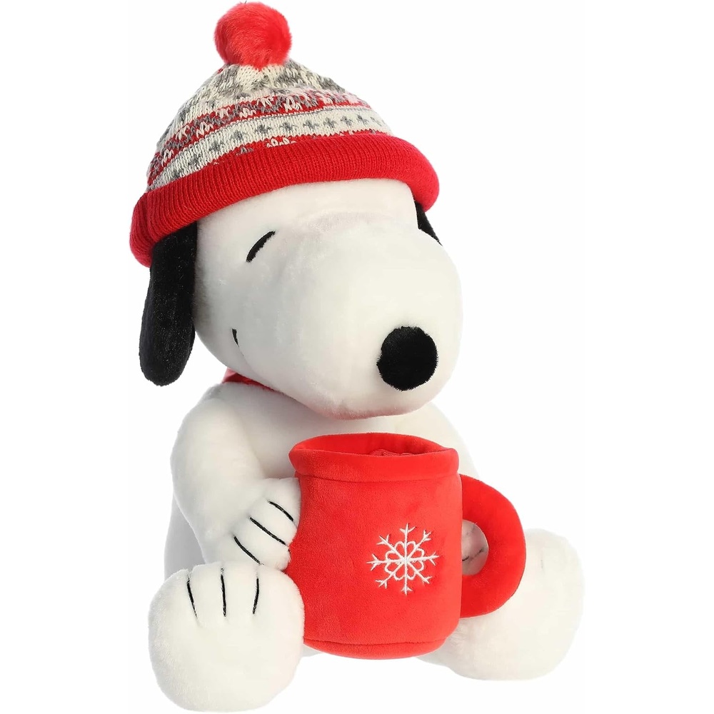 image:imageAurora Festive Peanuts Winter Hat Snoopy with Mug Stuffed Animal  Officially Licensed Toys for All Snoopy Fans  Perfect for Holiday Decorations or Gifts  White 12 Inches
